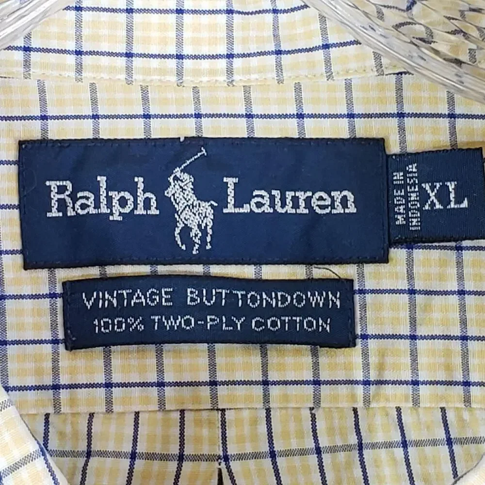 Polo Ralph Lauren Shirt Mens Size XL Yellow Plaid Vintage Blake SS Button Down